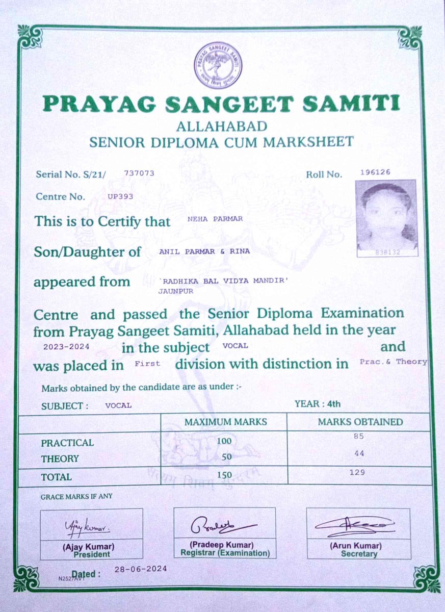 Neha Parmar certificate of vocal training